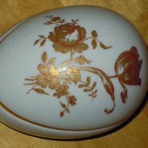 Vintage White & Gold Limoges France Porcelain Birks Egg Trinket Jewelry Box Flor